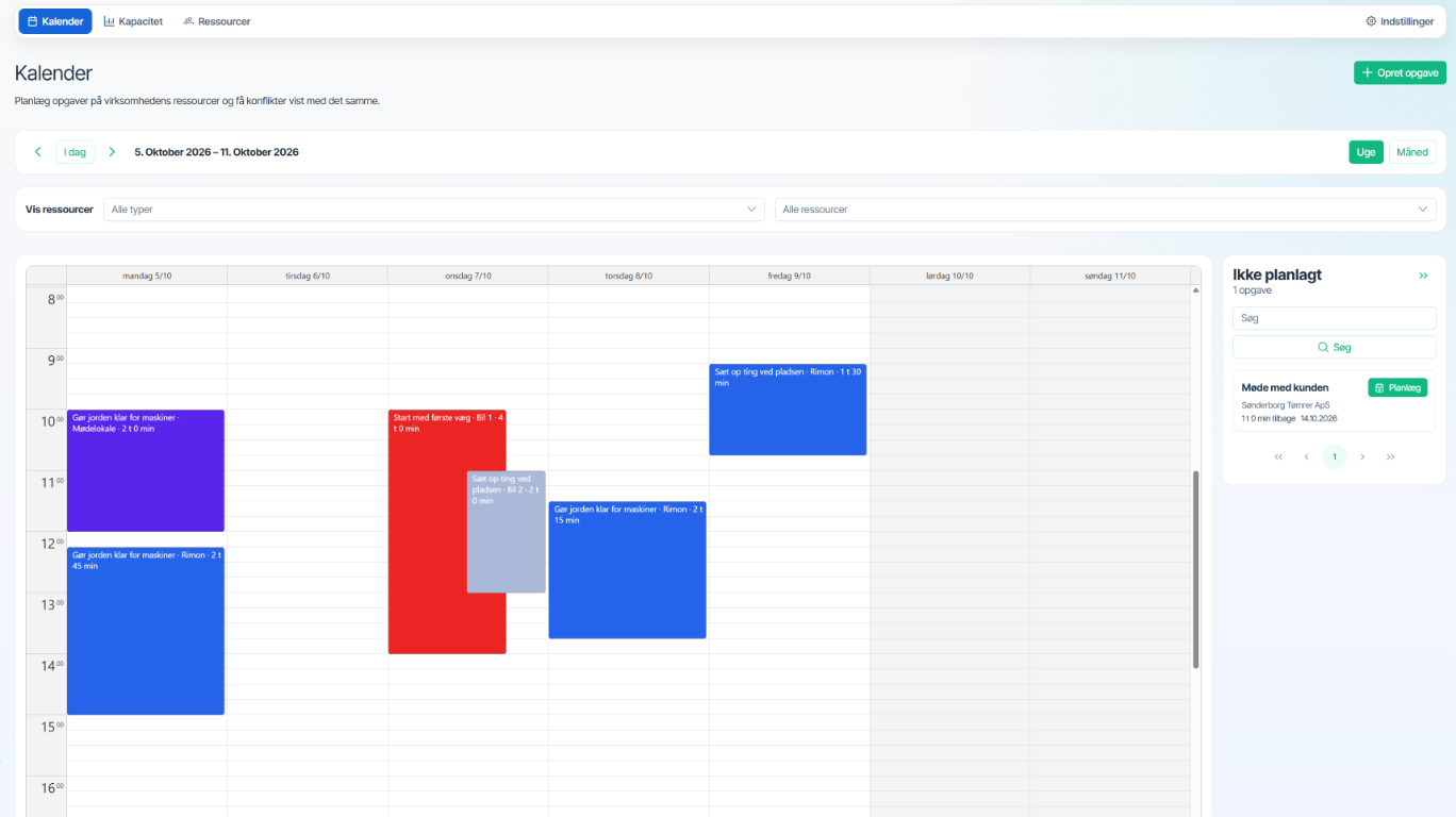 DriftCore-skærmbillede med kalender, opgaver og planlagte ressourcer