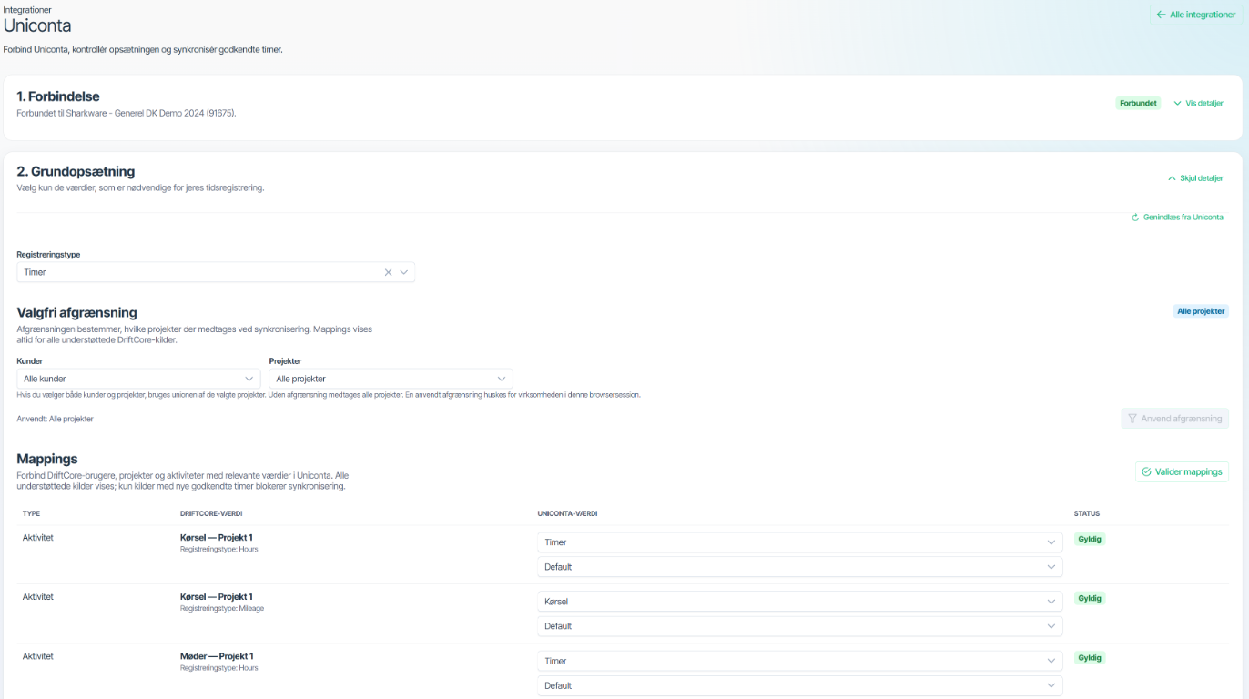 DriftCores Uniconta-integration med forbindelsesstatus, grundopsætning og mappings til Uniconta